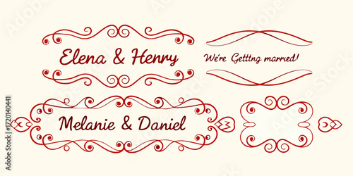 Elegant red swirl ornate borders and decorative frames with wedding couple names and announcement