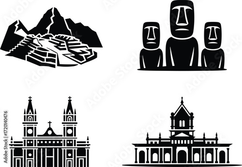 A travel icon set of South American landmarks, this vector collection features the ancient ruins of Machu Picchu and Moai of Easter Island