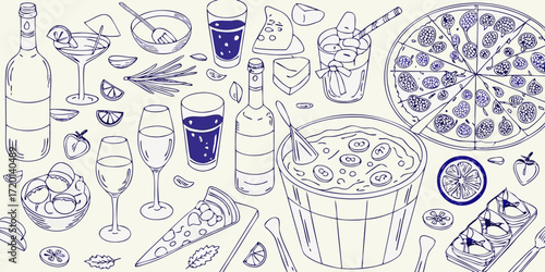 A delightful hand drawn doodle illustration of a feast with pizza wine and various appetizers