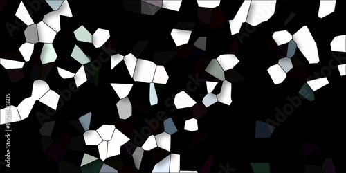 Abstract geometric mosaic pattern with irregular polygons in white gray blue and dark tones on black background