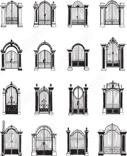 Collection of sixteen decorative iron gate designs with various architectural styles and embellishments