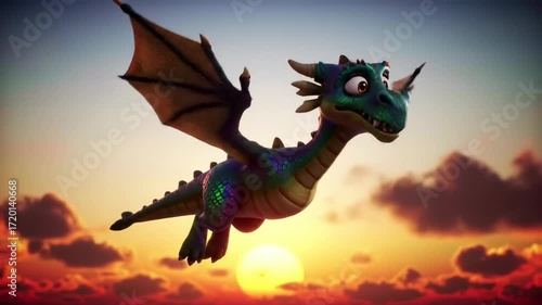 Cute dragon flying at sunset