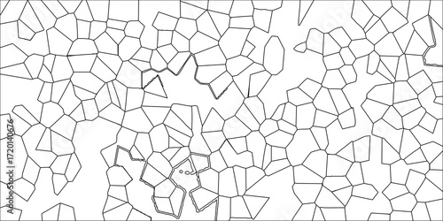 Abstract geometric pattern of interconnected polygons with varying shapes and sizes in a black and white line art style