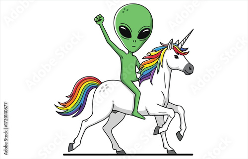 Vector art of a green alien rides a unicorn with a rainbow mane and tail, the whimsical scene blends fantasy and science fiction, creating a fun and imaginative image
