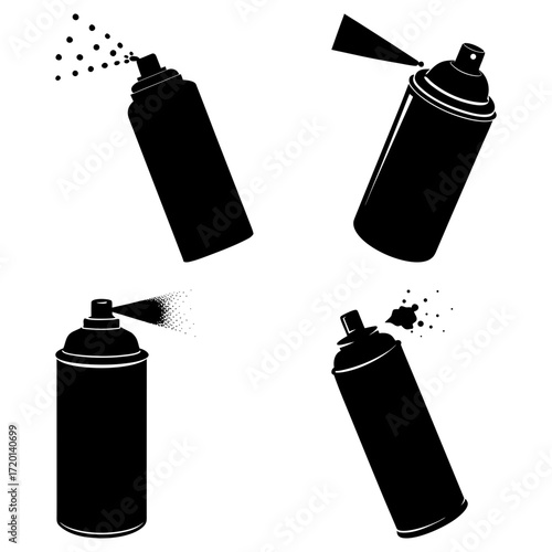 Collection of four black and white spray paint cans with spray coming out of the nozzles design art