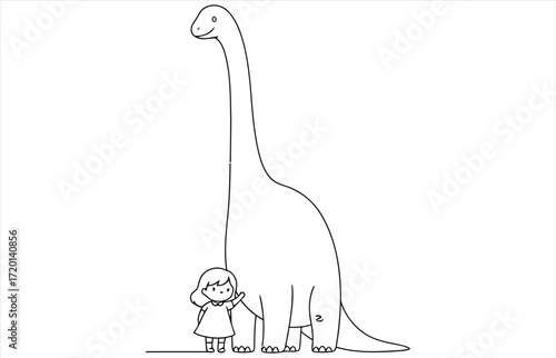 Vector art of a little girl is standing next to a large dinosaur, looking up at it with wonder and awe, the dinosaur is tall and gentle