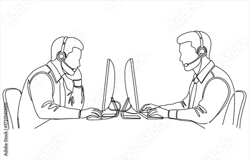 Vector art of two call center operators are working at their computers, providing customer support and assistance, they are wearing headsets and typing on keyboards