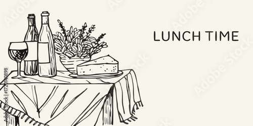 Hand drawn sketch of a table setting with wine bottles a glass of red wine a slice of cake and a plant with the words lunch time