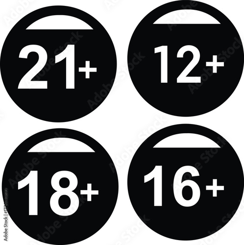 Four Age Restriction Icons With Numbers And Plus Signs rating content