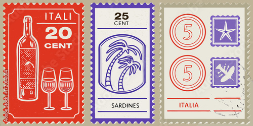 Collection of three vintage italian postage stamps featuring a bottle and glasses palm trees and marine life