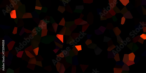 Abstract geometric mosaic of glowing embers and dark fragments on black background pattern