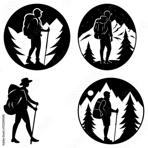 Silhouetted hikers with backpacks and hiking poles in mountain landscapes in circular black and white designs