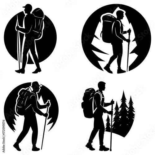 Four black and white silhouette images of hikers with backpacks in nature themed circular backgrounds