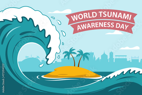 World Tsunami Awareness Day Illustration with a Giant Wave Threatening a Coastal City and Tropical Island for Educational Outreach