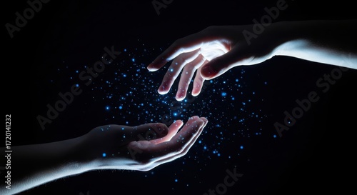 Vector art of two hands reaching out, one glowing with magical particles against a dark background