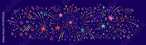 Colorful hand drawn crayon firework childish Sid background. Christmas, Diwali, New year, Birthday celebration design. Cute line doodle pencil outer space, shooting stars, night sky scribbles