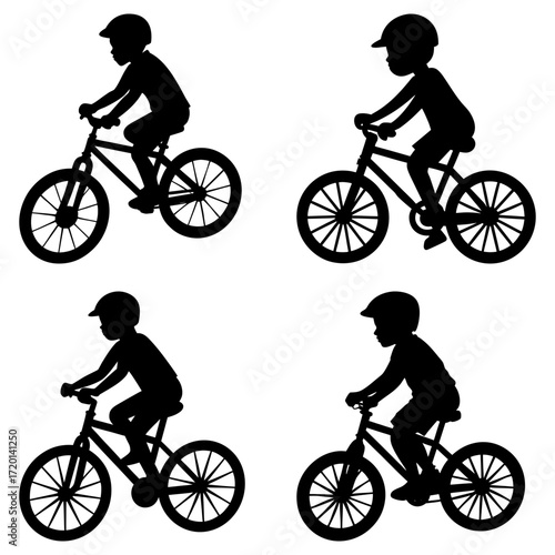 Silhouette depictions of children riding bicycles with helmets in a repeating pattern design layout