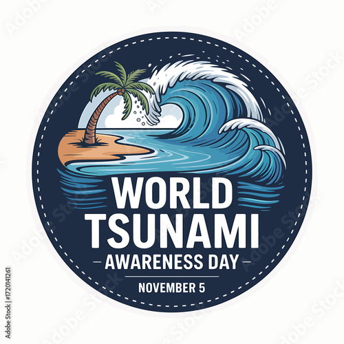 World Tsunami Awareness Day illustration featuring a powerful wave and tropical island reminding of disaster preparedness and environmental safety on November fifth