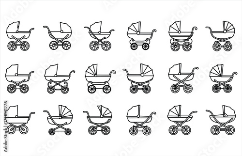 Vector art of collection of baby strollers in various styles, a versatile set for illustrating parenting, childcare, or baby product designs