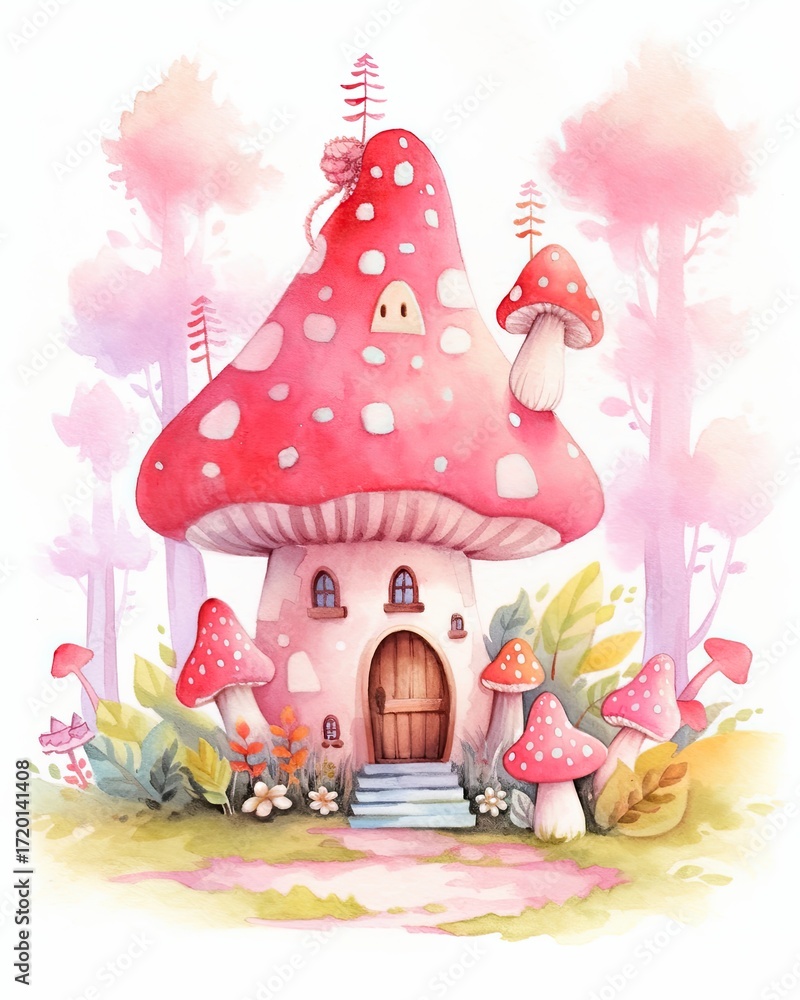 Naklejka premium A whimsical watercolor illustration of a fairytale mushroom village, cute design.