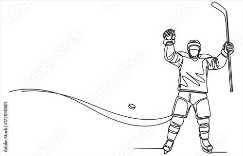 Vector art of a dynamic single line drawing of a hockey player celebrating a goal, capturing the energy and excitement of the sport