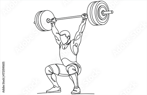 Vector art of weightlifter in continuous line drawing style strong man lifting barbell during weightlifting competition athlete performing snatch exercise sport and fitness concept