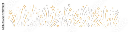 Golden and silver crayon hand drawn firework festive border. Happy New Year, Merry Christmas, birthday, anniversary, Diwali background. Pastel handwriting firecracker, star, twinkle, bling boarder