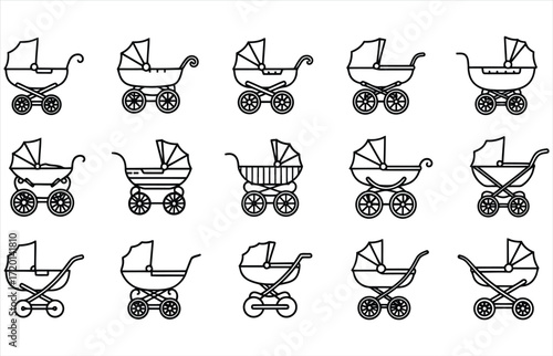 Vector art of collection of baby strollers in a simple line drawing style, showcasing various designs and styles for infant transportation
