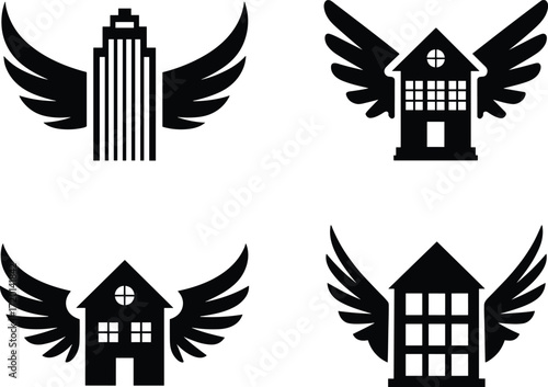 A conceptual logo icon set of flying houses with wings, this vector collection symbolizes a dream home, real estate, and property aspirations