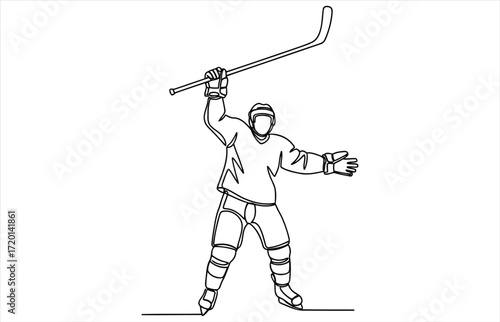 Vector art of a hockey player is celebrating a goal with his stick raised in the air, he is wearing a helmet and pads, and his arms are outstretched