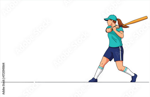 Vector art of a female baseball player is swinging her bat with all her might, she is wearing a cap and uniform, and her eyes are focused on the ball
