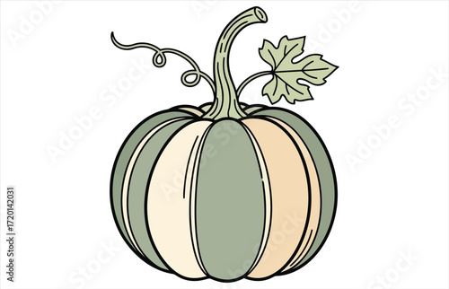 Vector art of a charming pumpkin illustration, perfect for autumnthemed designs, featuring soft green and beige hues, a curly vine, and a single leaf, ideal for seasonal projects