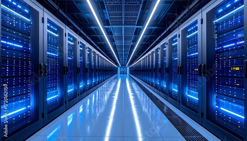 Modern data center corridor with glowing blue server racks and reflective flooring