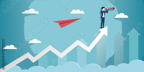 Businessman with telescope on rising arrow graph looking towards future with red paper airplane flying