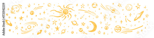 Hand drawn crayon yellow shooting and falling stars, nebula, planets, comets on white background. Golden paint brush drawing. Pastel and chalk child, kid scribbles. Outer space, solar system poster