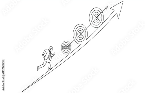 Vector art of a businessman running up an arrow towards the target, concept of business success, achievement, goal, career, and motivation
