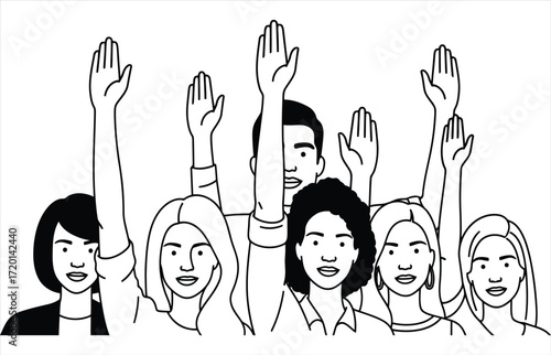 Vector art of a black and white line drawing of a diverse group of people raising their hands, symbolizing participation and engagement