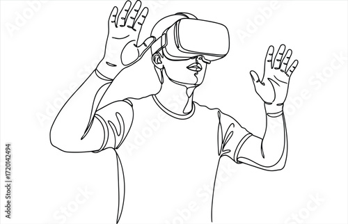 Vector art of a black and white line drawing of a person wearing a vr headset, experiencing virtual reality with hands up