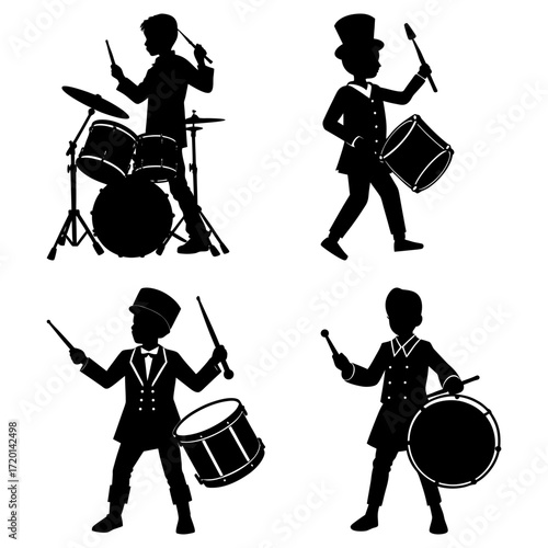 Silhouetted boys playing drums in various formal outfits and hats with drumsticks and a full drum set