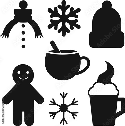 Collection of winter holiday icons including snowman gingerbread man snowflakes and hot drinks silhouette isolated on white background isolated on transparent background