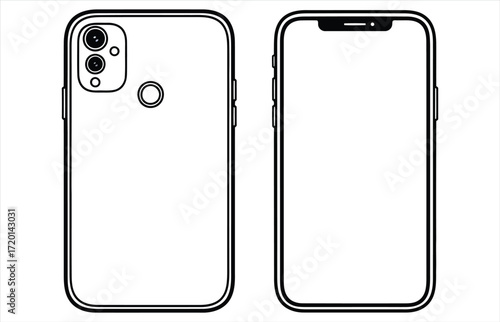 Vector art of smartphone front and back view modern mobile device with camera, screen, and buttons represents technology, communication, and connectivity
