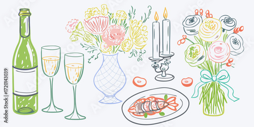 Romantic dinner setting with champagne flowers candles and a seafood dish