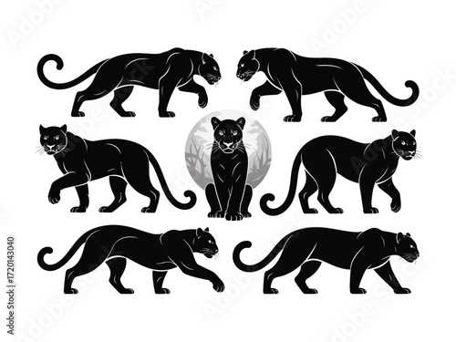 Collection of majestic black panther poses in a striking silhouette style