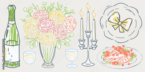 Romantic dinner setting with wine bottle flowers candles food and a decorative bow