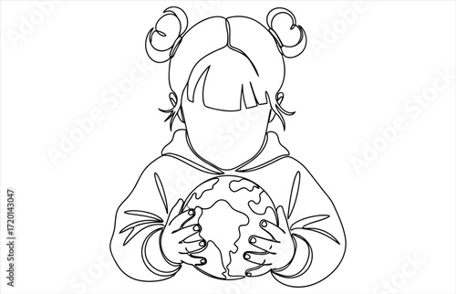 Vector art of a young girl with pigtails gently cradles the earth in her hands, a continuous line drawing symbolizing care for the planet and environmental awareness