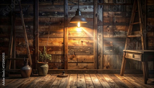 Rustic wooden interior with warm lighting and simple decor in a cozy atmosphere