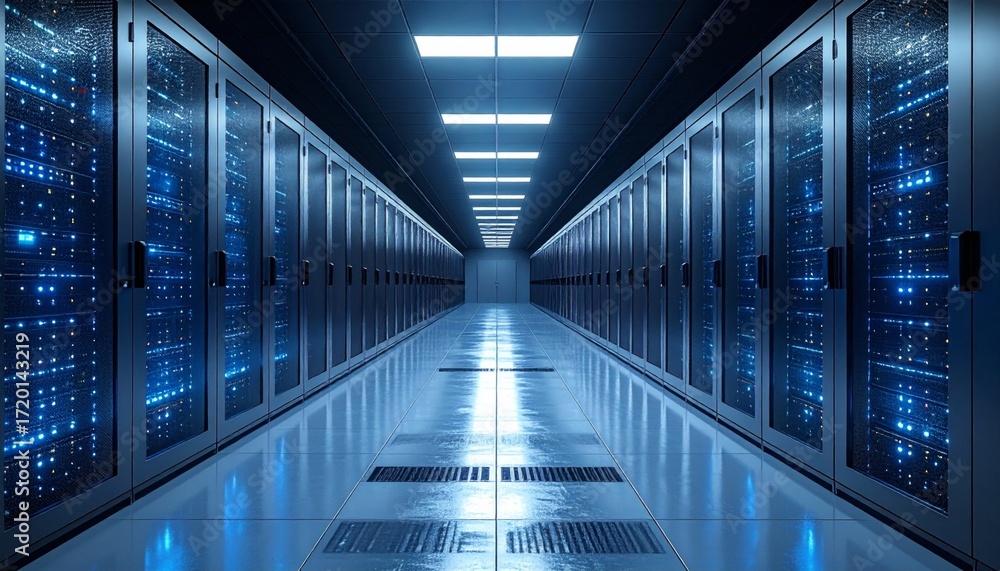 Fototapeta premium Modern data center corridor with illuminated server racks and reflective flooring, creating futuristic atmosphere