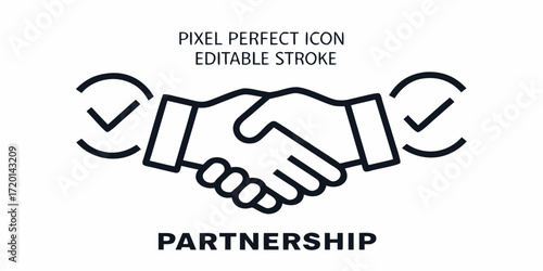 Pixel perfect icon of a handshake with checkmarks symbolizing partnership agreement and successful collaboration