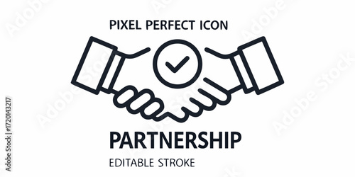 Pixel perfect icon representing partnership with a handshake and a checkmark inside a circle