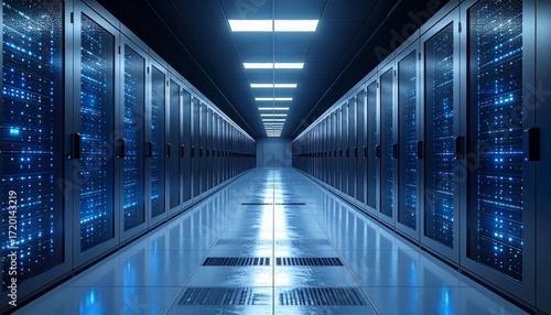 Modern data center corridor with illuminated server racks and reflective flooring, creating futuristic atmosphere